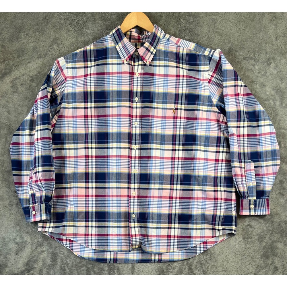 Polo Ralph Lauren Shirt Mens 2XB Blue Plaid Oxford Cloth Button Down Flesh Pony